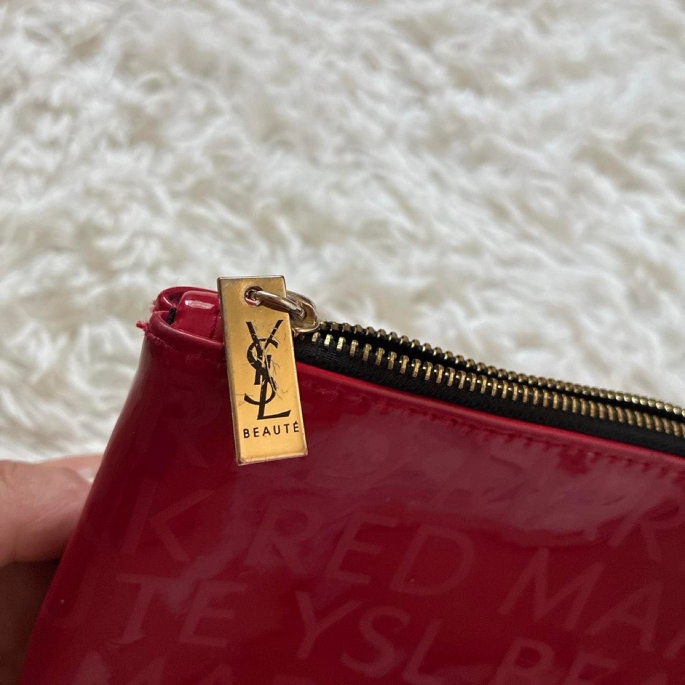 YSL red small makeup pouch with repeating text pattern - Picture 5 of 7